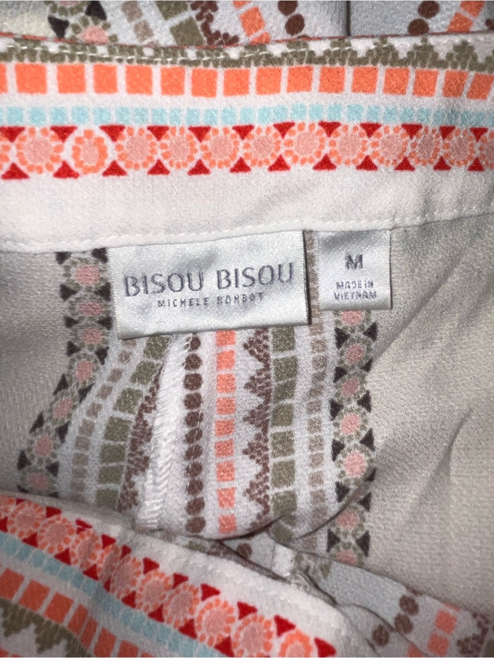 Bisou Bisou Geometric Print Wide Leg Pants White Coral Blue High Rise Size M - Picture 7 of 7